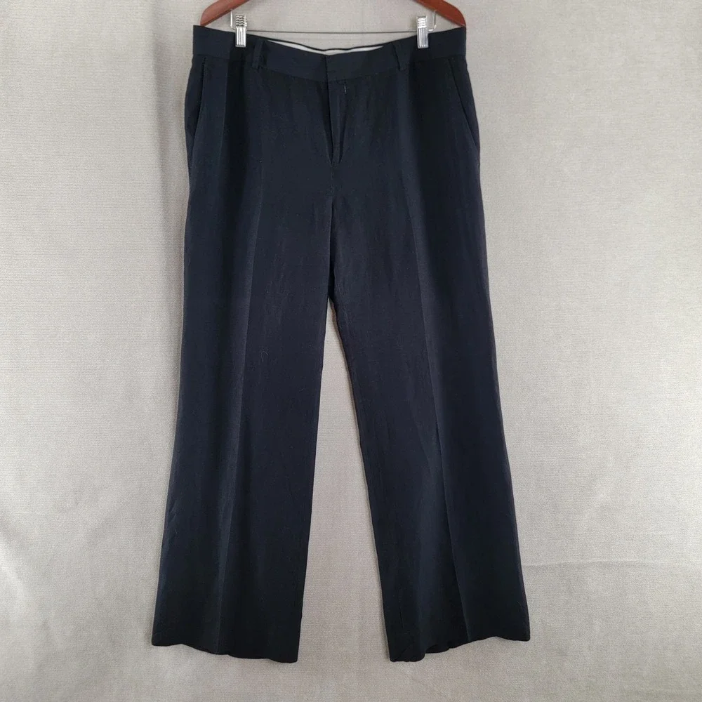 Banana Republic Womens Pants Linen Wide Leg High Rise Trousers Size 14 Black